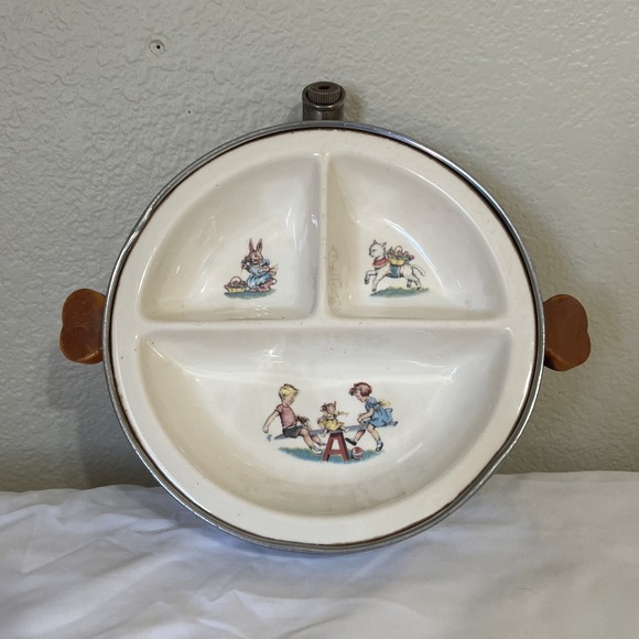 VTG  German Childs Porcelain Warming‎ Feeding Dish W/ Plug Handles 7 1/4" - Picture 7 of 7